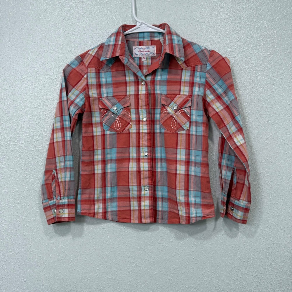 Panhandle Girls Red Blue Plaid Western Snap Shirt C6S9681 Size S Cowgirl Cotton